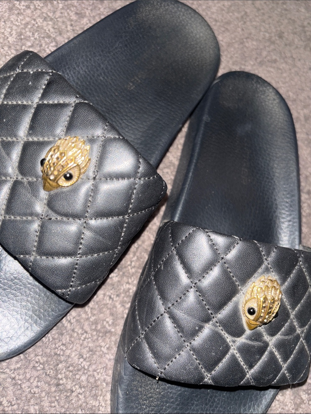 Kurt Geiger Meena Black Quilted Slide Sandals with Gold Eagle Emblem - Picture 2 of 6